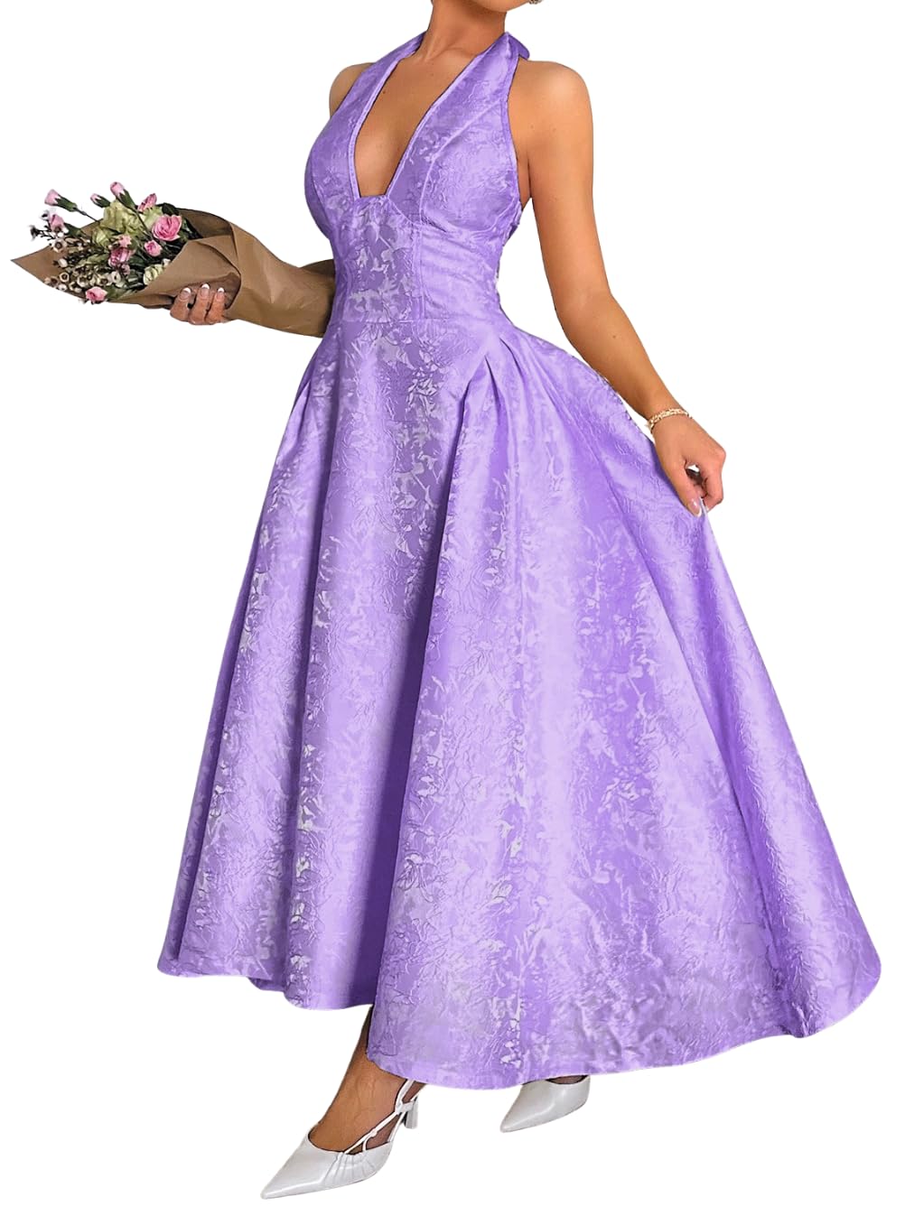 Jacquard Maxi Dress, V Neck A Line, Wedding Guest Prom, Halter Corset Pastel Tea Party Vacation Semi Formal