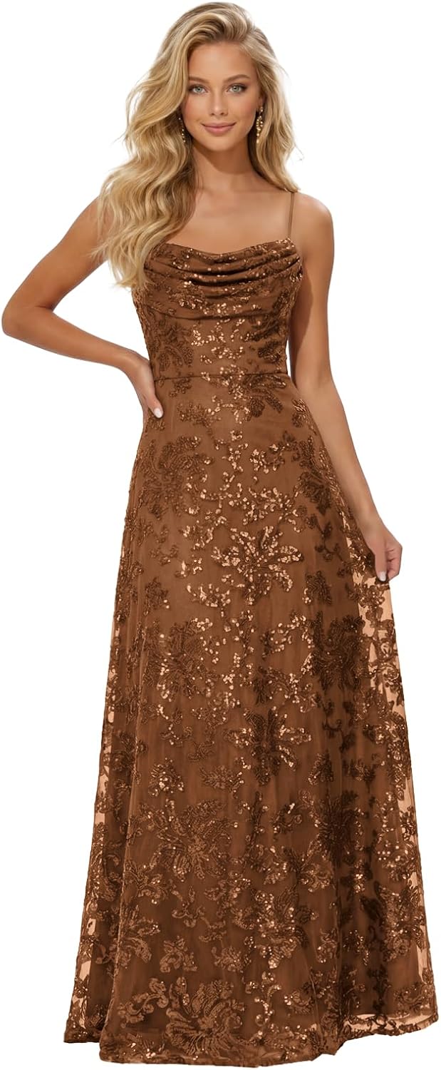 Lace Sequin Prom Dresses Spaghetti Straps A-Line Cowl Neck Pleated Sparkly Long Formal Evening Party Gowns