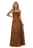 Lace Sequin Prom Dresses Spaghetti Straps A-Line Cowl Neck Pleated Sparkly Long Formal Evening Party Gowns
