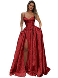 Jacquard Satin Spaghetti Straps Prom Dresses for Women Aline Backless Formal Evening Party Ball Gowns with Pockets