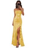 Sparkly Sequin Spaghetti Straps Prom Dresses 2026 Long Ruffles Pleated Formal Evening Dress with Slit