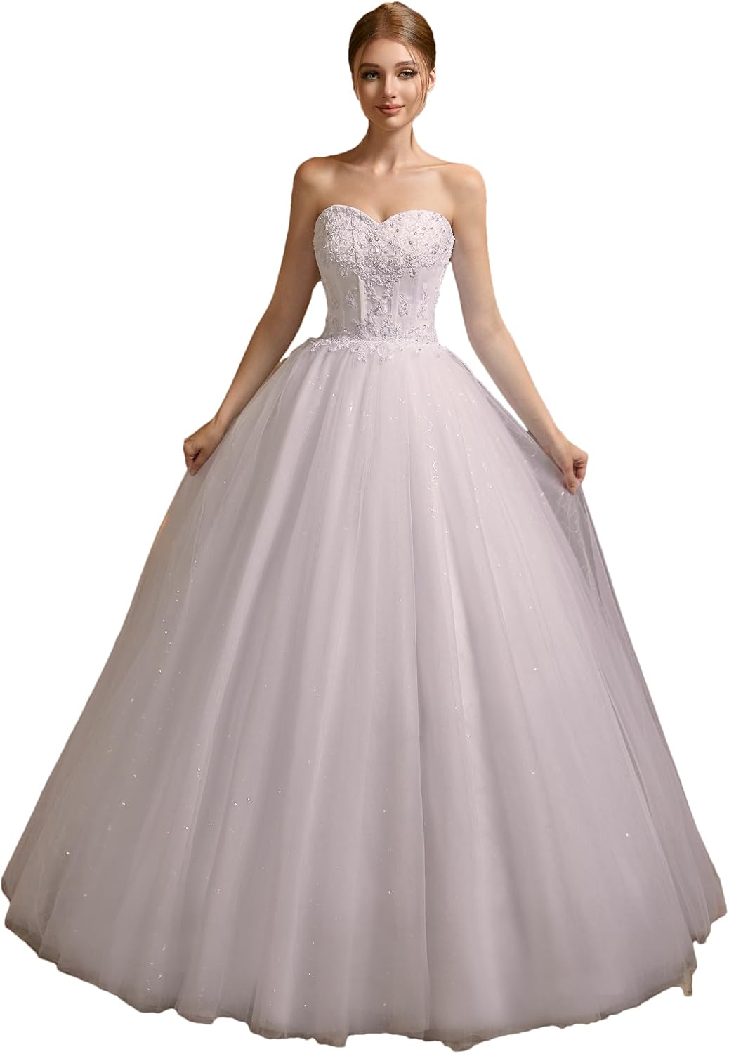 Women's Sweetheart Applique Beaded Corset Bridal Shiny Tull Wedding Dresses for Bride