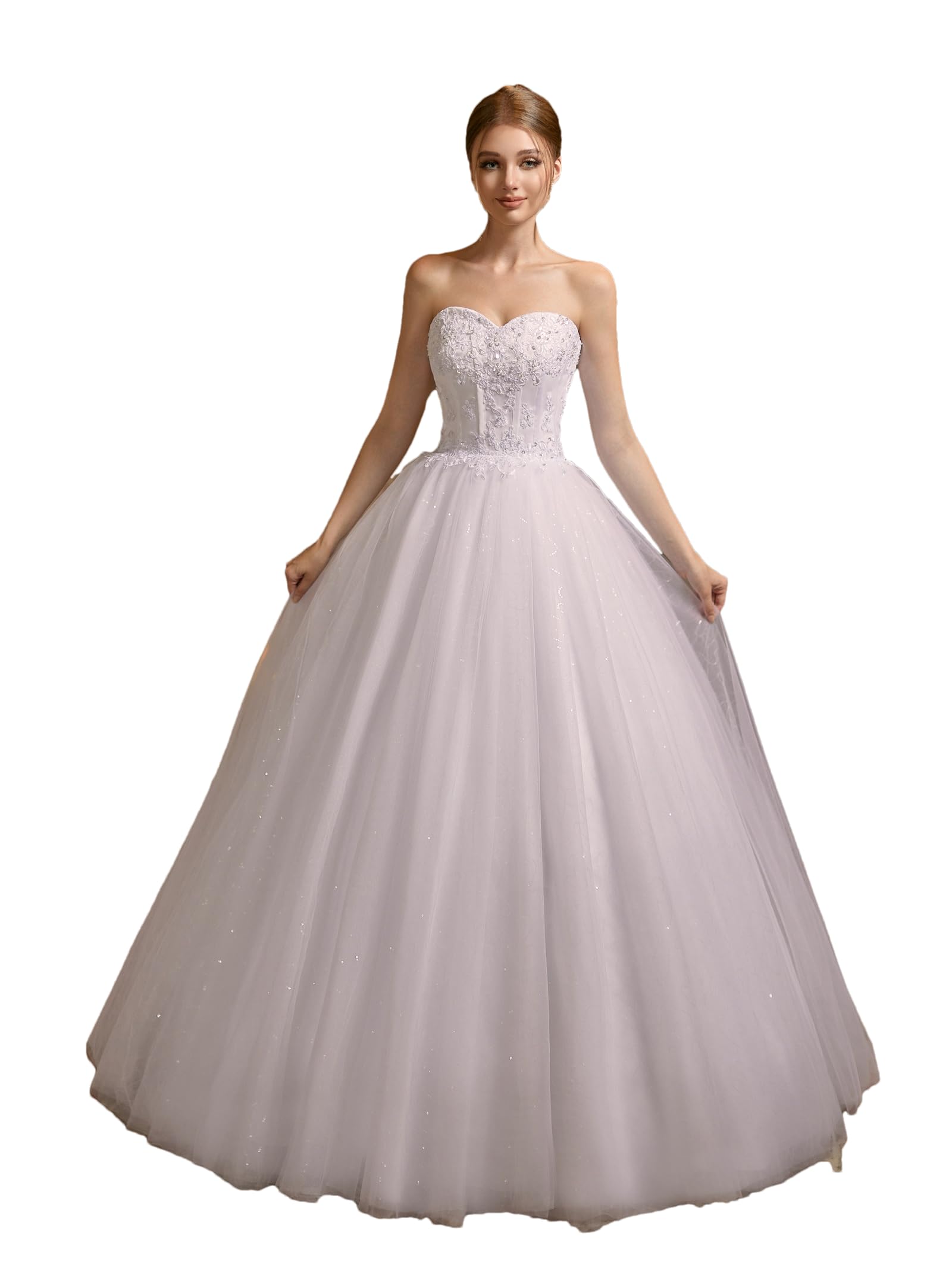 Women's Sweetheart Applique Beaded Corset Bridal Shiny Tull Wedding Dresses for Bride