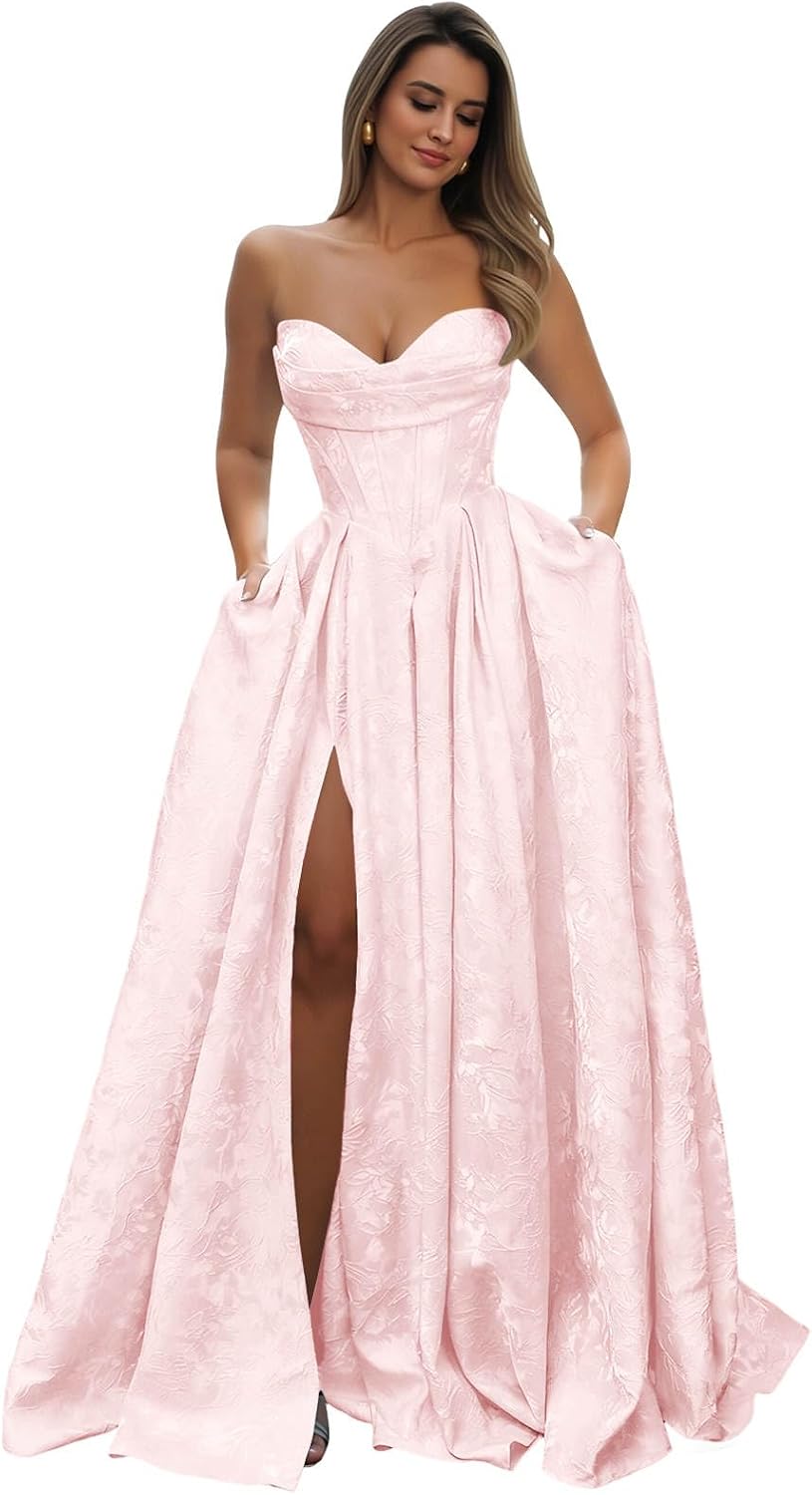 Strapless Prom Dress Jacquard Satin Ball Gown Pleated A Line Long Corset Formal Evening Dresses with Slit Pockets
