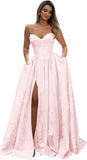 Strapless Prom Dress Jacquard Satin Ball Gown Pleated A Line Long Corset Formal Evening Dresses with Slit Pockets