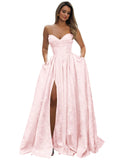 Strapless Prom Dress Jacquard Satin Ball Gown Pleated A Line Long Corset Formal Evening Dresses with Slit Pockets