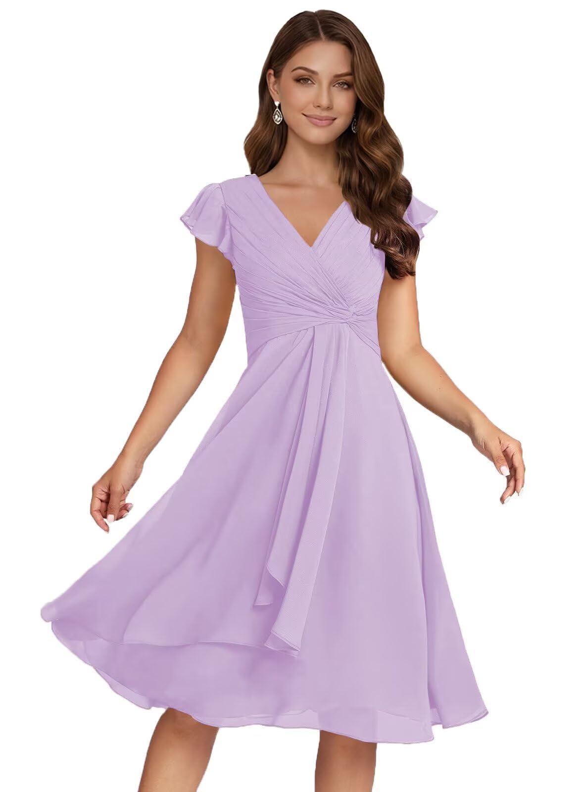 Short Chiffon Bridesmaid Dresses for Women V Neck Flutter Sleeves Ruffle Formal Cocktail Gowns with Pockets