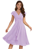 Short Chiffon Bridesmaid Dresses for Women V Neck Flutter Sleeves Ruffle Formal Cocktail Gowns with Pockets