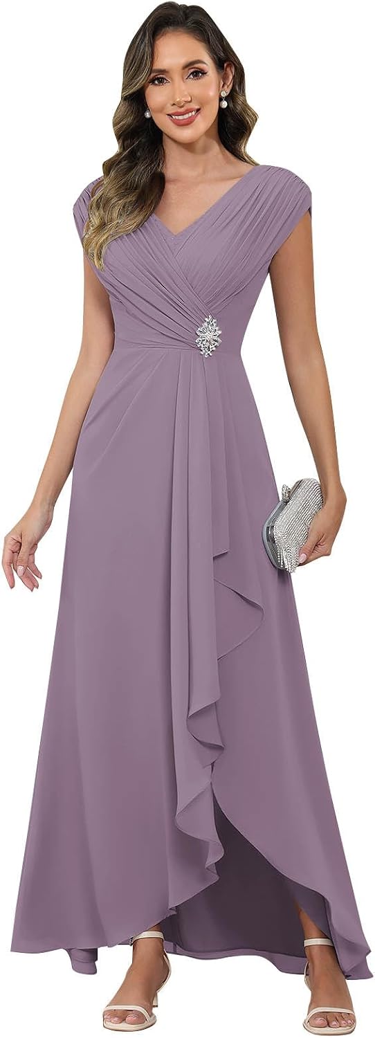 Cap Sleeve Mother of The Bride Dresses Chiffon V Neck Beaded Ruffles A Line Long Formal Evening Dress