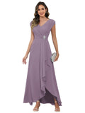 Cap Sleeve Mother of The Bride Dresses Chiffon V Neck Beaded Ruffles A Line Long Formal Evening Dress
