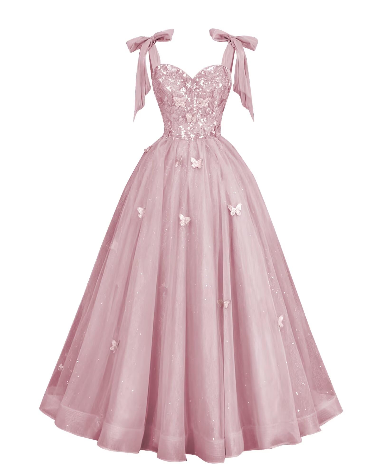 Glitter Tulle Prom Dress for Teens 3D Butterfly Long Ball Gowns Sequin Princess Quinceanera Dresses with Bow