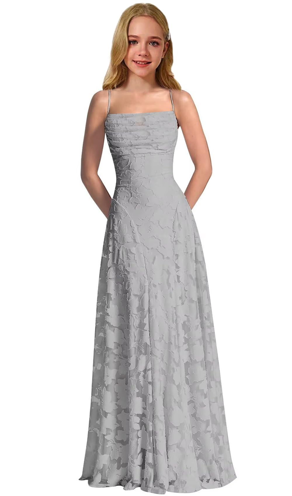 Lace Floral Junior Bridesmaid Dresses Long Spaghetti Strap Prom Dress for Teens Formal Gown Flower Girls Dress