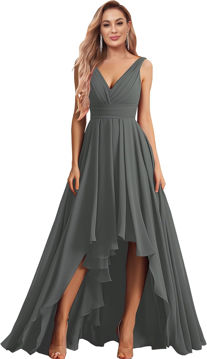 Vestidos de dama de honor con escote en V para mujer, para boda, con bolsillos, de gasa fruncida, largos, formales, para fiesta de graduación y noche.
