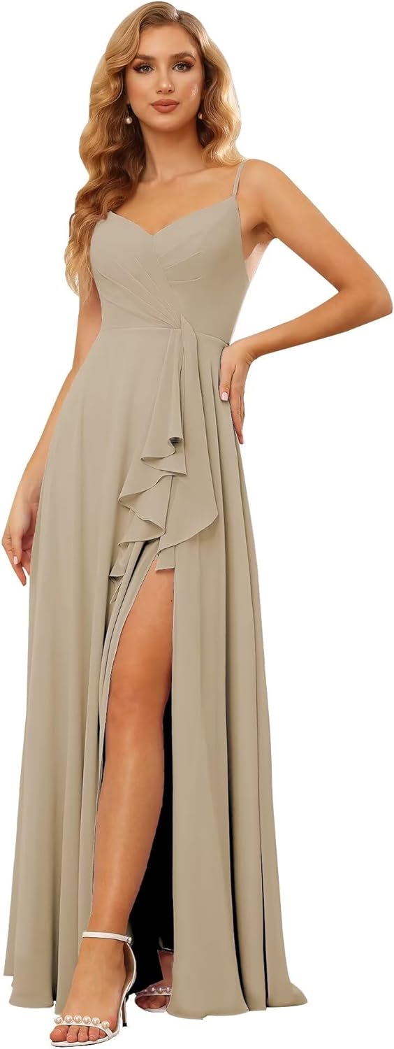 Vestidos de dama de honor largos de gasa con tirantes finos y bolsillos, vestidos formales con volantes y abertura para mujer 