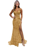 Sparkly Sequin Prom Dresses for Teens 2026 V Neck Glitter Applique Mermaid Formal Evening Gown with Slit