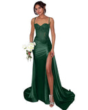 Lace Satin Prom Dresses for Women 2026 Long Mermaid Spaghetti Straps Corset Formal Evening Party Dress with Slit