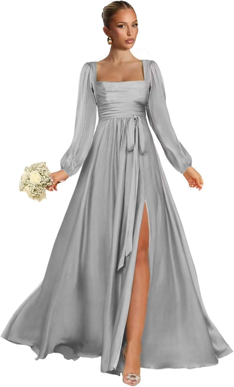 Satin Bridesmaid Dresses with Slit Long Sleeve Square Neck A Line Maxi Formal Dress