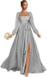 Satin Bridesmaid Dresses with Slit Long Sleeve Square Neck A Line Maxi Formal Dress