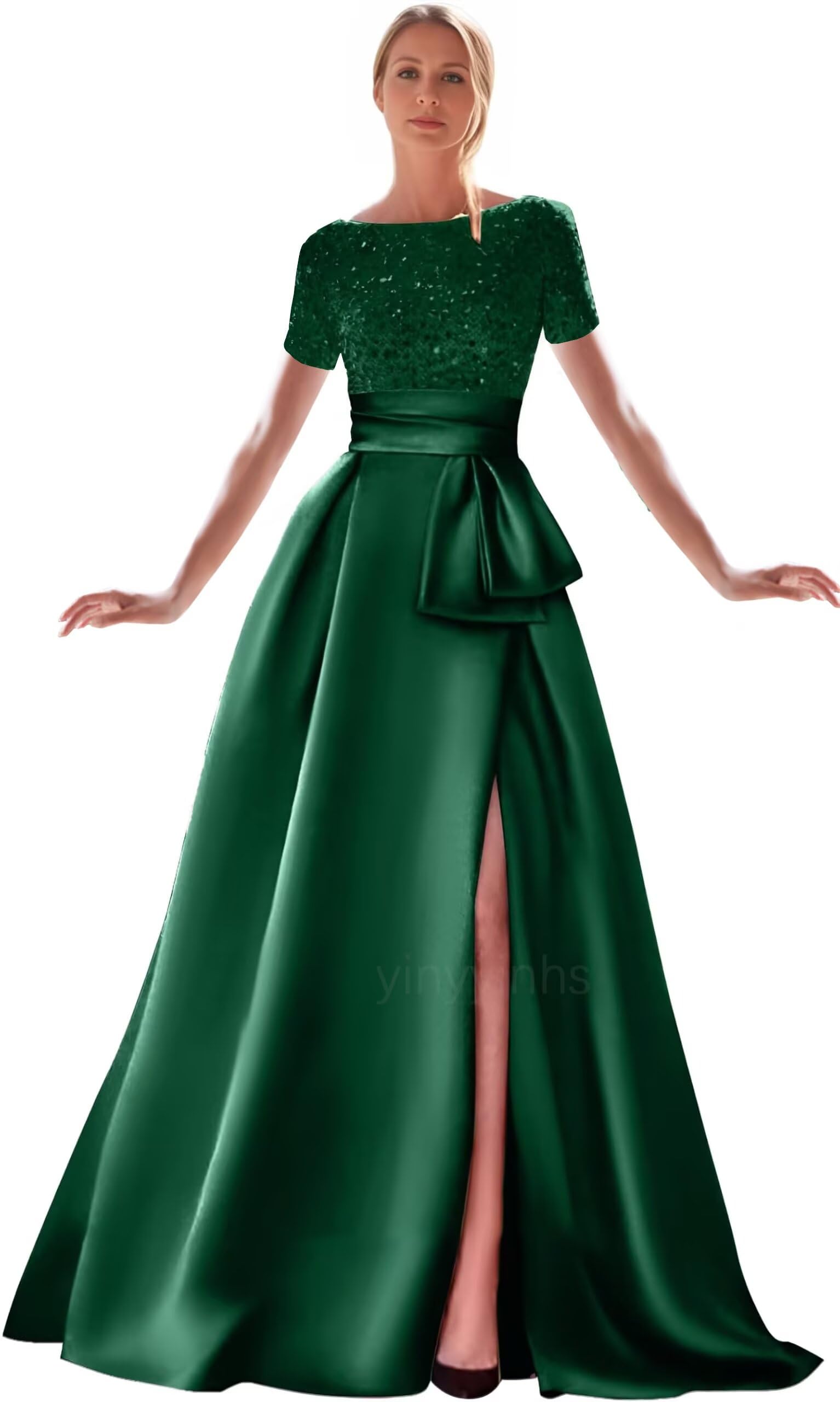 Kingbridal Gowns Short Sleeve Sequin Prom Dresses for Women 2026 Satin A-Line Sparkly Formal Evening Party Ball Gowns with Slit