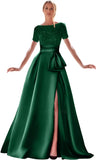 Kingbridal Gowns Short Sleeve Sequin Prom Dresses for Women 2026 Satin A-Line Sparkly Formal Evening Party Ball Gowns with Slit