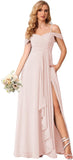 Damen Schulterfreies Brautjungfernkleid Lang mit Schlitz Chiffon Rüschen Falten Formales Partykleid 