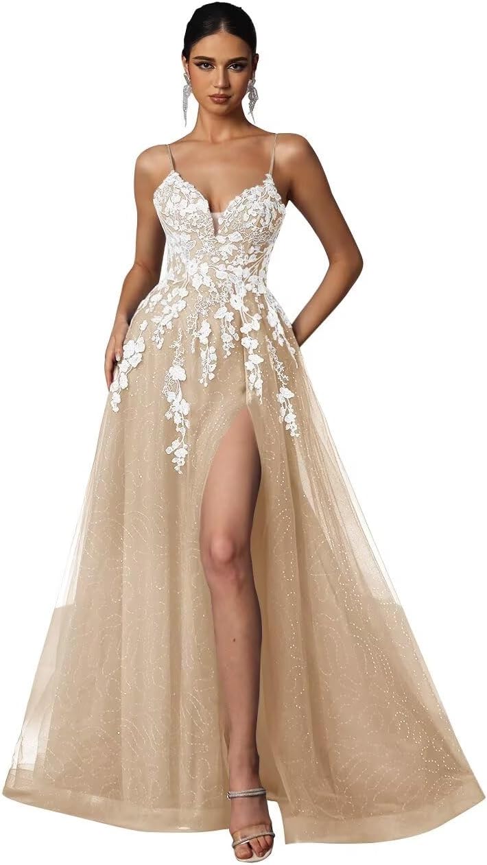 Tulle Prom Dresses 2027 Puffy Ball Gown for Women Formal V Neck Lace Appliques Evening Gown with Slit Long Homecoming Dress