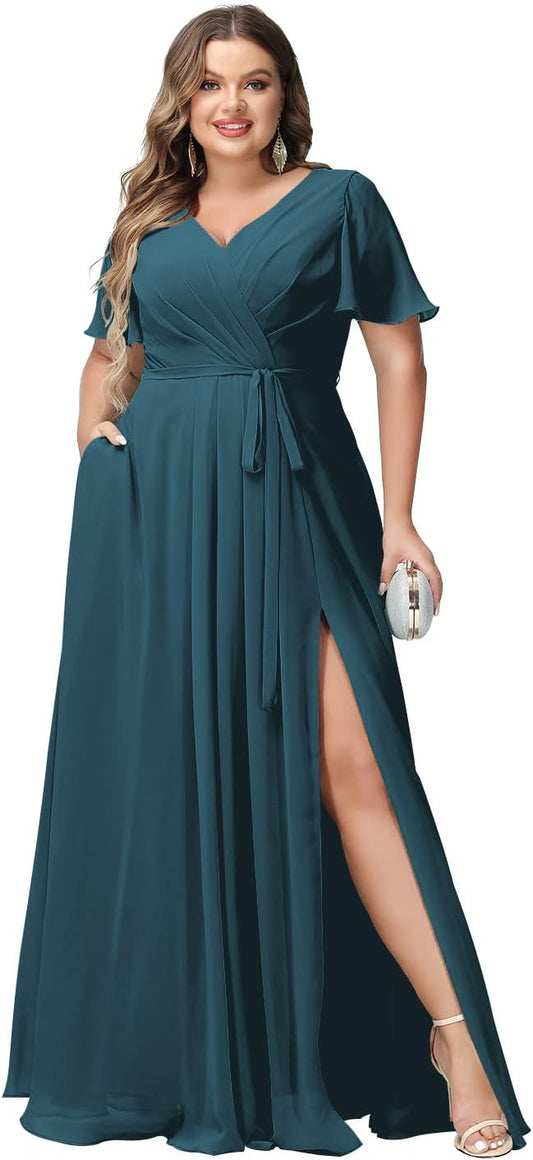 Plus Size Bridesmaid Dresses with Pockets V Neck Chiffon Flutter Sleeves Formal Evening Gowns with Slit