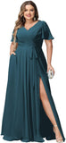 Plus Size Bridesmaid Dresses with Pockets V Neck Chiffon Flutter Sleeves Formal Evening Gowns with Slit
