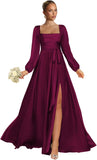 Satin Bridesmaid Dresses with Slit Long Sleeve Square Neck A Line Maxi Formal Dress