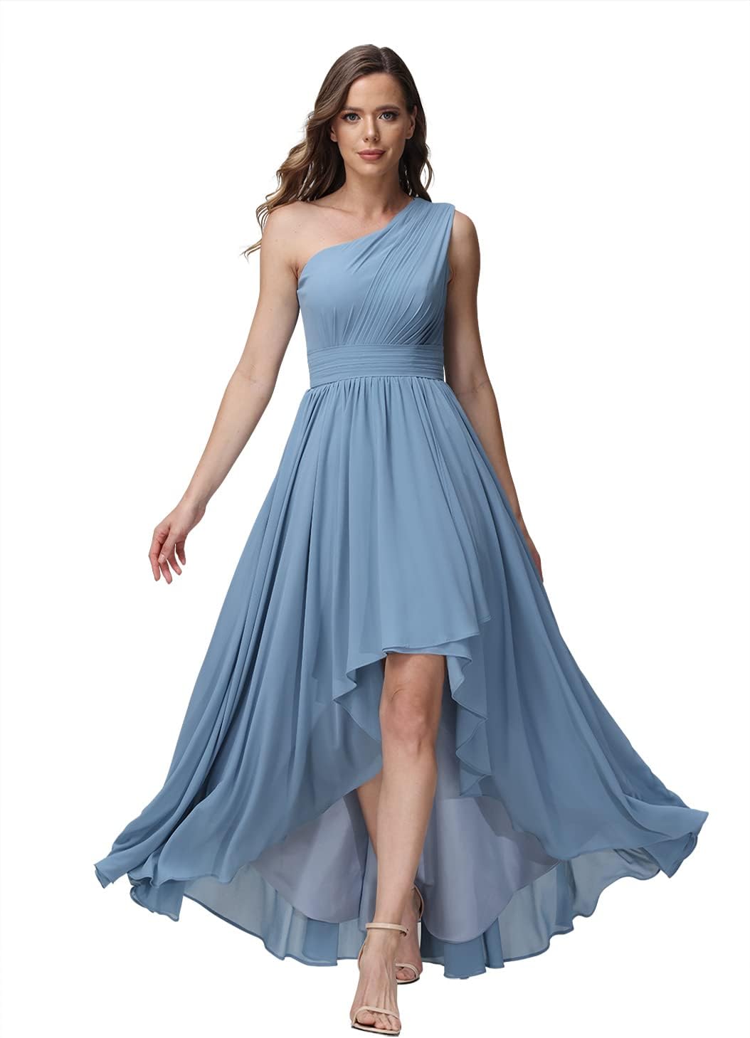 Vestido de dama de honor de un solo hombro para mujer, vestido formal de noche de gasa con bolsillos y corte alto bajo