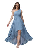 Vestido de dama de honor de un solo hombro para mujer, vestido formal de noche de gasa con bolsillos y corte alto bajo