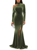 Mermaid Velvet Prom Dresses with Slit 2027 Long Sleeve Formal Dress for Women One Shoulder Evening Party Gowns