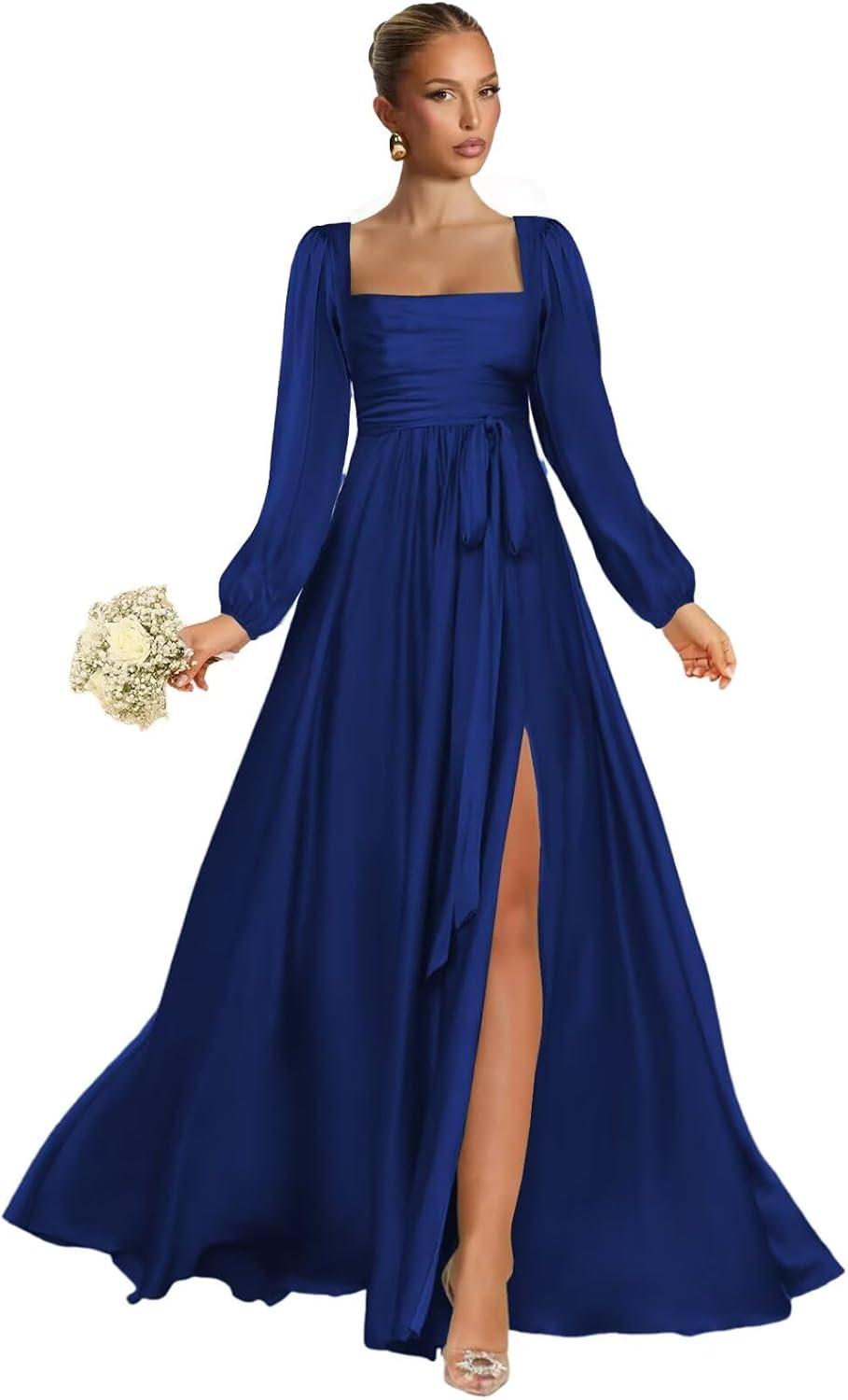 Satin Bridesmaid Dresses with Slit Long Sleeve Square Neck A Line Maxi Formal Dress