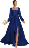 Satin Bridesmaid Dresses with Slit Long Sleeve Square Neck A Line Maxi Formal Dress
