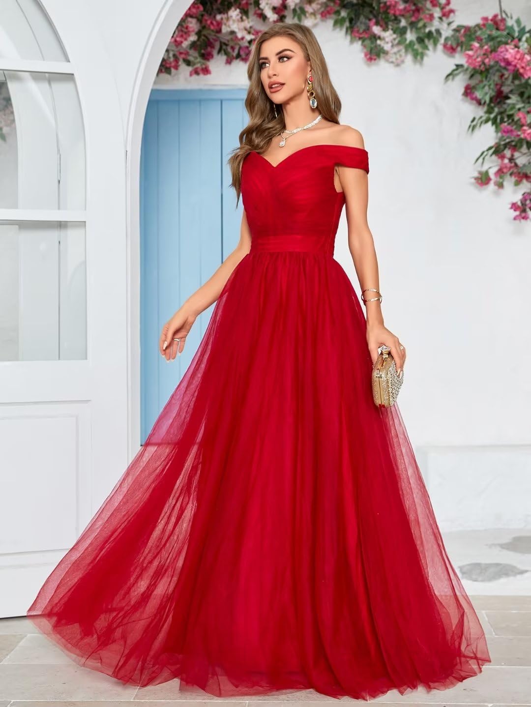 Schulterfreies Ballkleid, langes Ballkleid für Damen, A-Linie, Herzausschnitt, mehrlagiges Tüllkleid für Hochzeit, Abendparty 