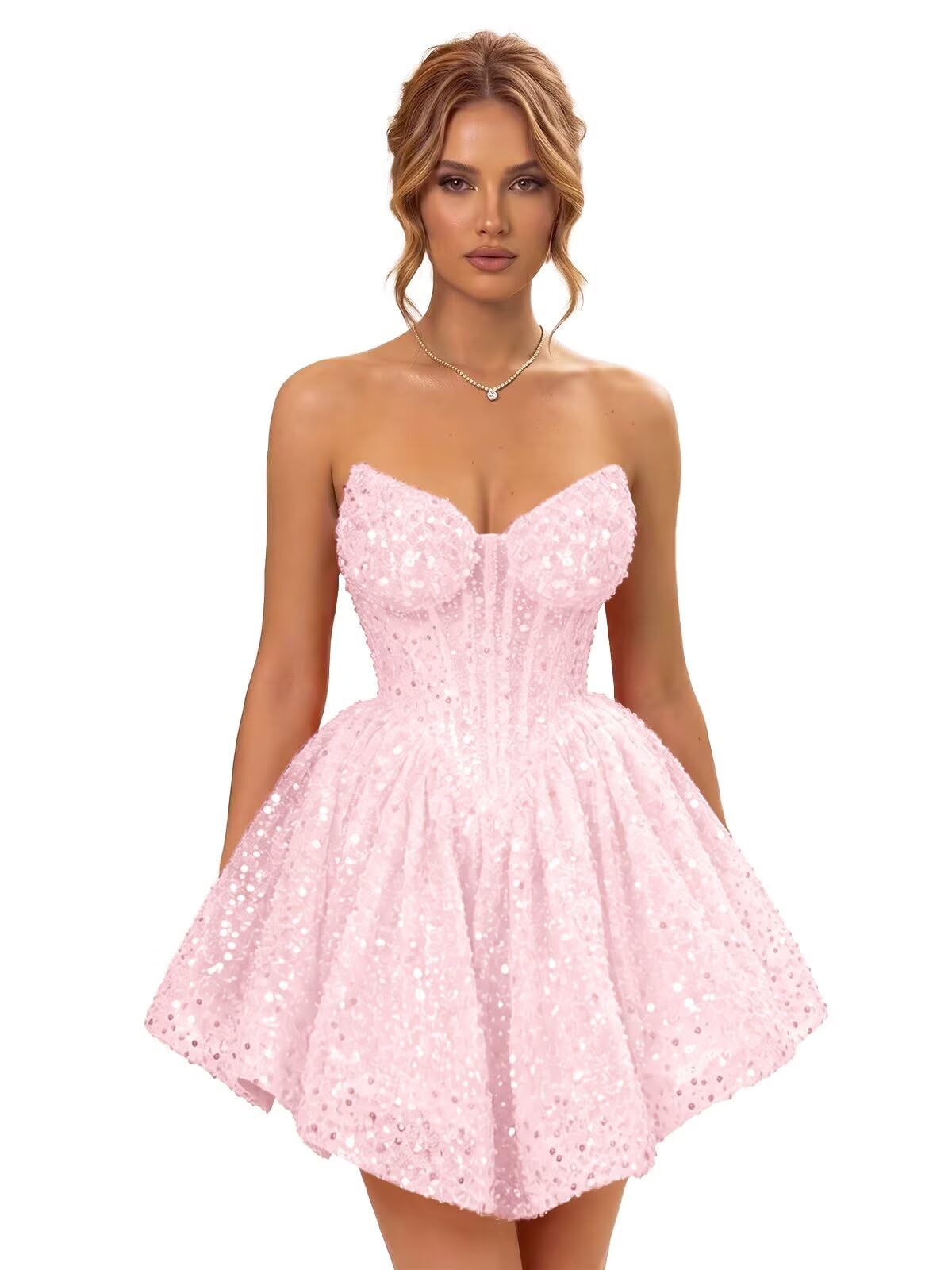 Strapless Sequin Homecoming Dresses for Teens 2026 Sparkly A-line Short Prom Dress Corset Cocktail Party Gowns