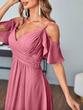 Women's Cold Shoulder Bridesmaid Dresses Long Summer Side Slit Chiffon Formal Evening Gown with Pockets