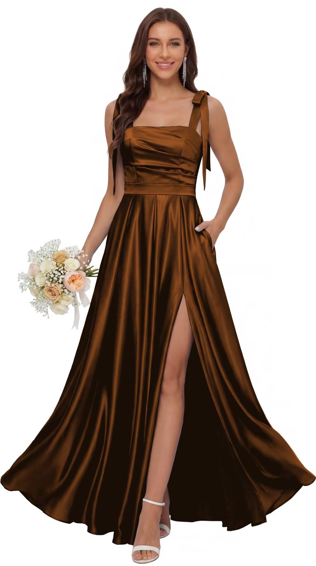 Satin Bridesmaid Dresses with Slit Spaghetti Straps Square Neck Long Formal Evening Dress