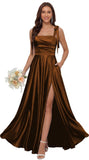 Satin Bridesmaid Dresses with Slit Spaghetti Straps Square Neck Long Formal Dress