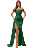 Off Shoulder Sequin Prom Dresses for Women 2027 Long Mermaid Tight Satin Formal Evening Party Dress with Slit