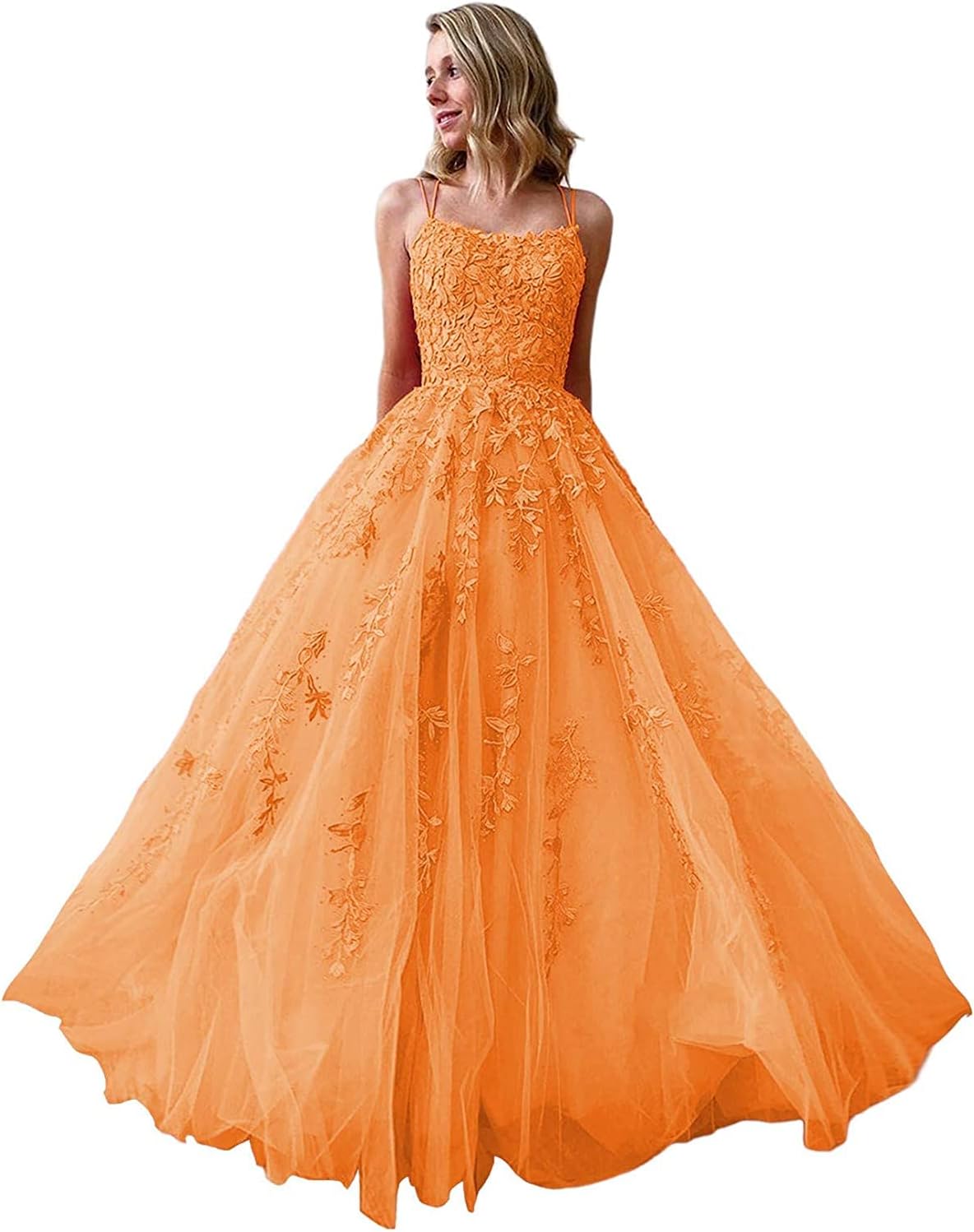 Ballkleider, langes Ballkleid für Damen, Spaghettiträger, Tüll, A-Linie, sexy, rückenfrei, formelle Partykleider mit Taschen 