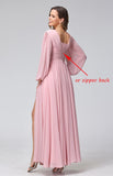 V Neck Long Sleeve Prom Dress with Slit Pleats Chiffon Formal Dress with Pockets for Wedding Party Navy Blue