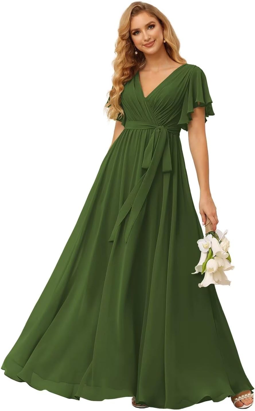 Damen Brautjungfernkleider mit Flatterärmeln, lang, mit Taschen, V-Ausschnitt, Chiffon, formelle Kleider 