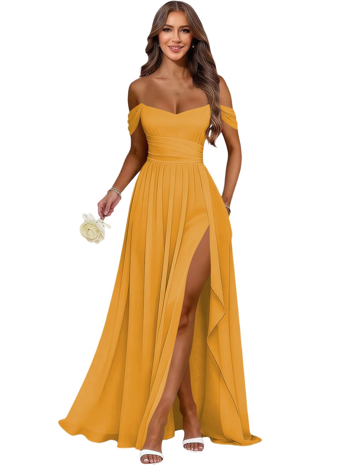 Women's Long Chiffon Bridesmaid Dresses with Slit Off Shoulder A-Line Formal Prom Evening Gown Maxi Wedding Guest Dress