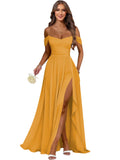 Women's Long Chiffon Bridesmaid Dresses with Slit Off Shoulder A-Line Formal Prom Evening Gown Maxi Wedding Guest Dress