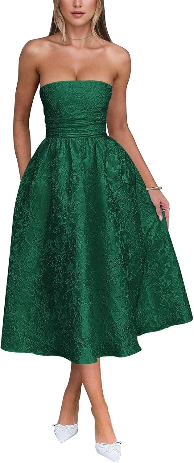 Satin Floral Jacquard Prom Dress for Women Strapless Corset Tea Length Formal Cocktail Evening Gowns