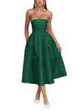 Satin Floral Jacquard Prom Dress for Women Strapless Corset Tea Length Formal Cocktail Evening Gowns