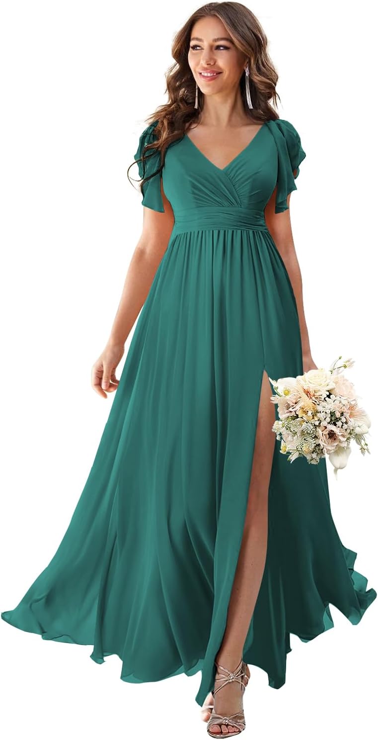 V Neck Flutter Sleeves Bridesmaid Dresses with Slit 2025 Chiffon Aline Pleats Formal Evening Gowns for Women