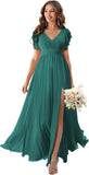 V Neck Flutter Sleeves Bridesmaid Dresses with Slit 2025 Chiffon Aline Pleats Formal Evening Gowns for Women