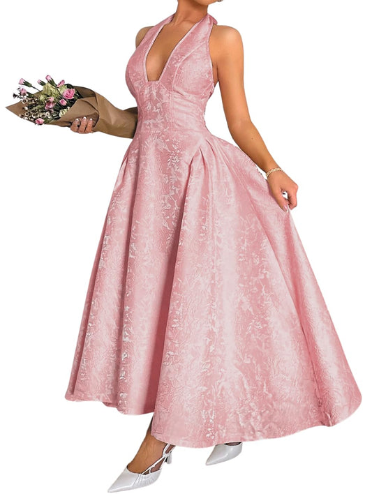 Jacquard Maxi Dress, V Neck A Line, Wedding Guest Prom, Halter Corset Pastel Tea Party Vacation Semi Formal